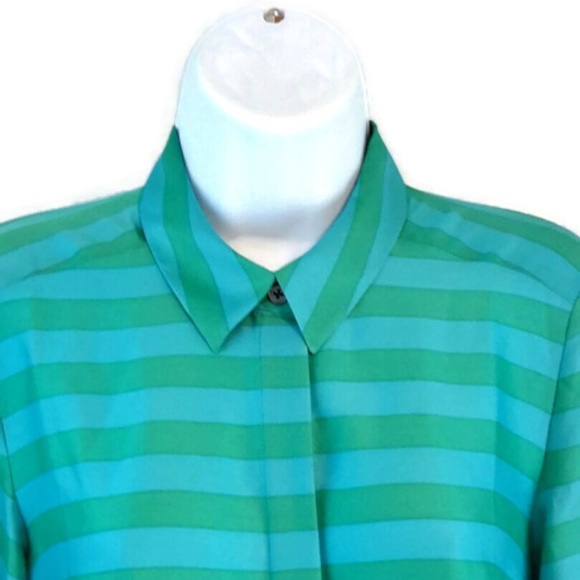 Ann Taylor Green Blue Striped Button Front Long Roll Tab Sleeve Blouse Preppy - Picture 9 of 16
